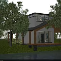 Modern Wooden House With Open Porch Large Glass Windows And Green Grass Surrounded By Trees