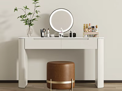 Modern White Dressing Table With Round Mirror Green Plant Cosmetics On Top And Brown Stool 3d model