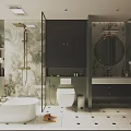 Modern Bathroom Interior Design With White Bathtub Shower Area Dark Cabinets And Round Mirror