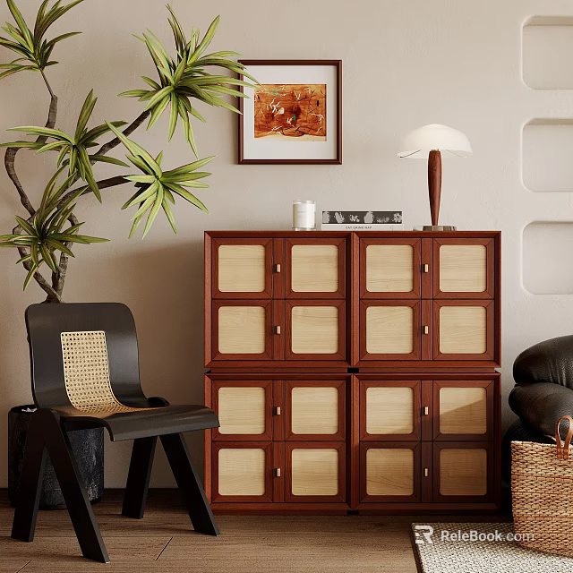 Wooden Decorative Cabinet with Rattan Panel Doors in Cozy Interior with Plant and Chair 3d model 