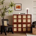 Wooden Decorative Cabinet with Rattan Panel Doors in Cozy Interior with Plant and Chair