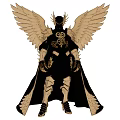 Stunning Game And Movie Character With Large Golden Wings Black Armor And Cloak