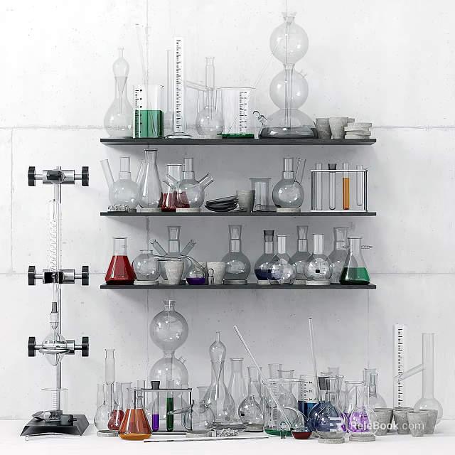 Lab Inspired Decorative Glassware Ornament Set on Wall Shelves with Various Shapes and Colored Liquids 3d model 