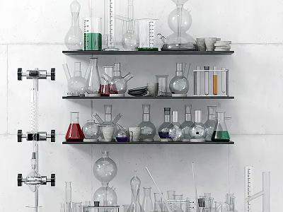 Lab Inspired Decorative Glassware Ornament Set on Wall Shelves with Various Shapes and Colored Liquids 3d model