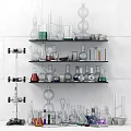 Lab Inspired Decorative Glassware Ornament Set on Wall Shelves with Various Shapes and Colored Liquids