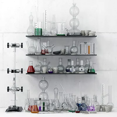 Lab Inspired Decorative Glassware Ornament Set on Wall Shelves with Various Shapes and Colored Liquids 3d model