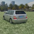 Silver Station Wagon Parked On Green Grassland With Palm Trees And High Rise Buildings