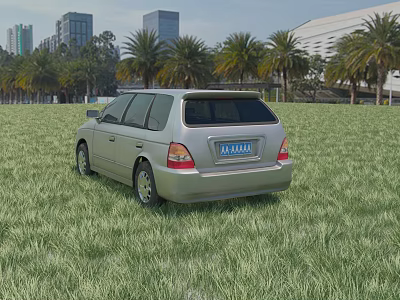 Silver Station Wagon Parked On Green Grassland With Palm Trees And High Rise Buildings 3d model
