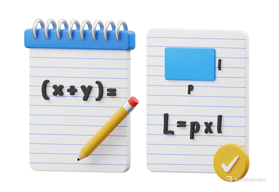 Yellow Pencil On Lined Notebook With Math Equations Sticky Note And Check Mark 3d model 