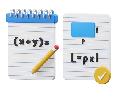 Yellow Pencil On Lined Notebook With Math Equations Sticky Note And Check Mark 3d model