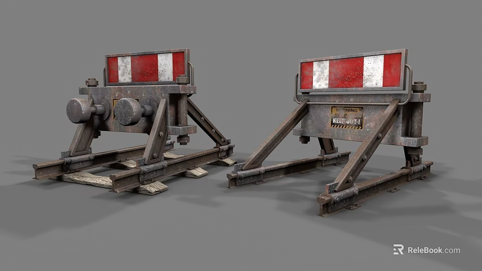 Vintage Railroad Crossing Barriers With Red White Stripes And Metal Frames 3d model 