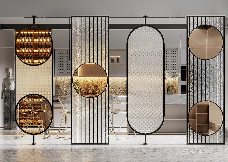 Modern Room Divider With Metal Frame Circular Oval Glass Panels 3d model