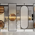 Modern Room Divider With Metal Frame Circular Oval Glass Panels 3d model