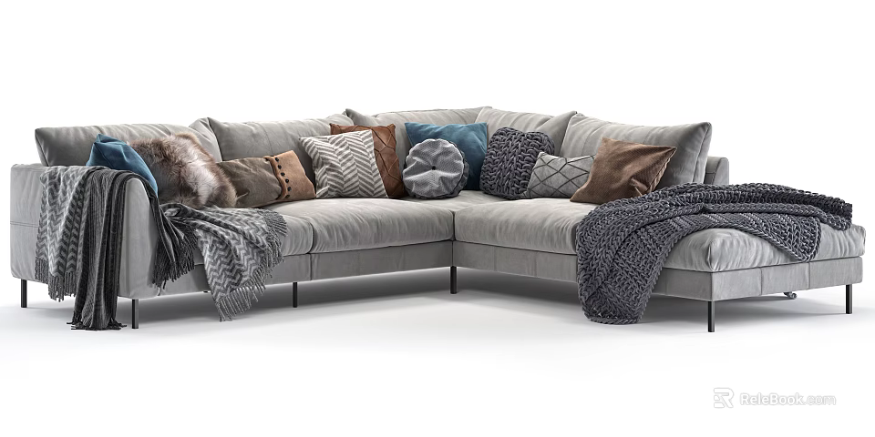 Gray L Shaped Multi Seater Sofa With Various Patterned Cushions And Soft Throws 3d model
