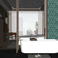 Hotel Room Bathroom Featuring White Bathtub Green Tiled Walls And Wooden Accents