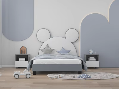 Children's Bed With Mickey Mouse Ear Shaped Headboard Gray White Wall Star Pillows 3d model