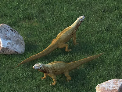 Two Brown Reptiles Standing on Lush Green Grass with Rocks 3d model