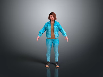Woman in Blue Denim Jacket and Blue Jeans with Brown Top and Black Shoes 3d model
