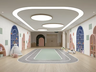Kindergarten Interior With Arched Doorways Colorful Wall Decorations Bookshelves Toys And Track Carpet 3d model
