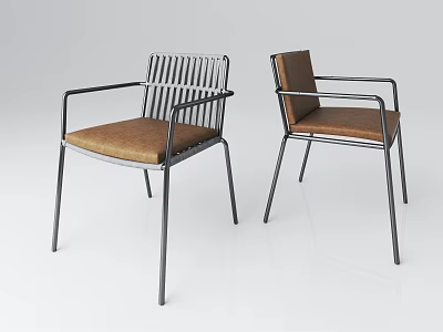 Modern Armchair With Metal Frame Brown Cushion And Striped Backrest In Front Side Views 3d model