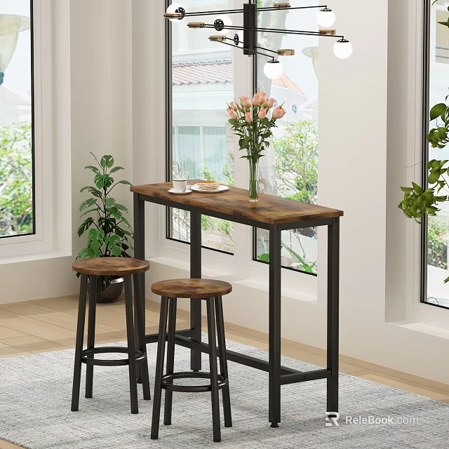 Bar Stools With Wooden Bar Table Vase Pink Flowers And Potted Plants In Bright Room 3d model 