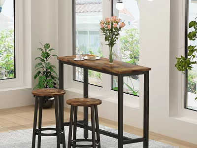 Bar Stools With Wooden Bar Table Vase Pink Flowers And Potted Plants In Bright Room 3d model