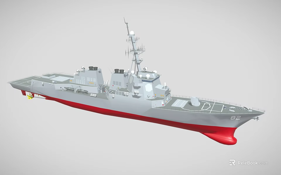 Modern Gray Warship With Red Bottom Hull Number 82 And Radar Systems 3d model 