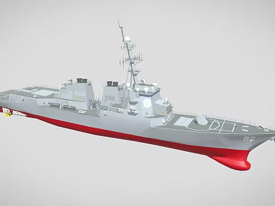 Modern Gray Warship With Red Bottom Hull Number 82 And Radar Systems 3d model