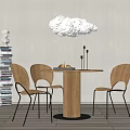 Wooden Round Dining Table Set with Wicker Chairs Cloud Pendant Light and Book Stack Sculpture 3d model