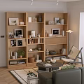 Wooden Bookcase With Books Photo Frames And Decorative Items In Modern Living Room Interior