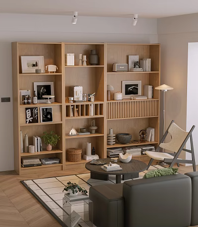 Wooden Bookcase With Books Photo Frames And Decorative Items In Modern Living Room Interior 3d model