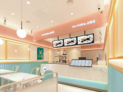 Bubble Tea Shop Interior Design With Counter Menu Screens Tables Chairs And Modern Lighting 3d model