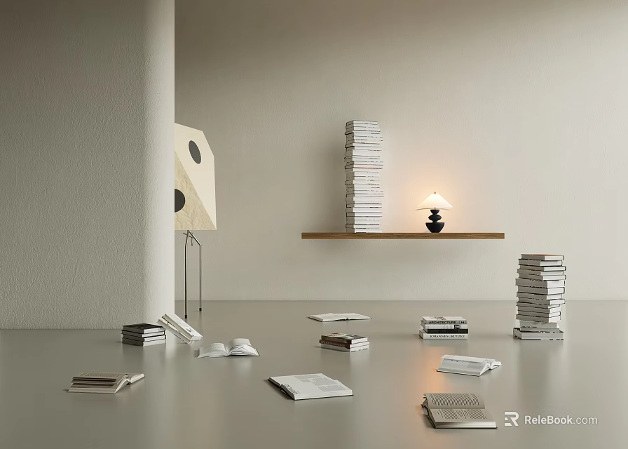 Books Display In Minimalist Space With Shelves And Lamps 3d model 