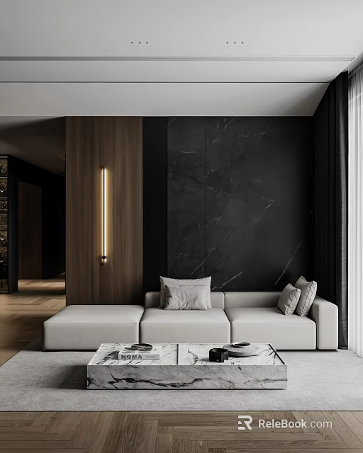 Elegant Modern Living Room Interior With Black Marble Wall Wooden Accent And White Sofa 3d model 