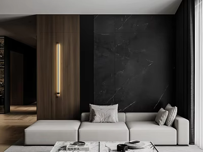 Elegant Modern Living Room Interior With Black Marble Wall Wooden Accent And White Sofa 3d model