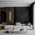 Elegant Modern Living Room Interior With Black Marble Wall Wooden Accent And White Sofa