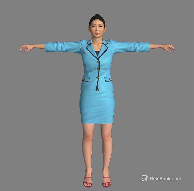 Woman In Blue Formal Suit Standing With Arms Outstretched And Collar Pockets 3d model 