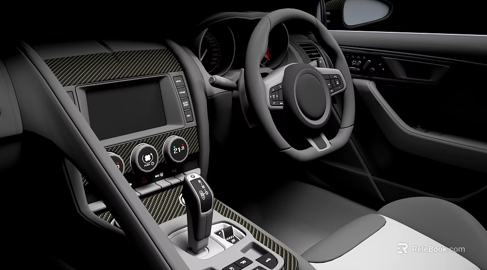Modern Car Interior With Steering Wheel Dashboard Gear Shift And Carbon Fiber Trim 3d model 