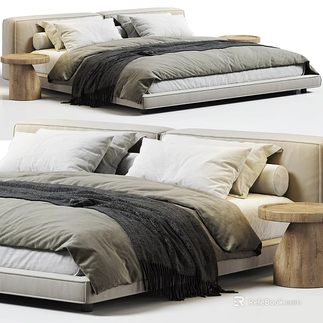Modern Double Bed Interior With Gray White Bedding and Wooden Side Table 3d model 