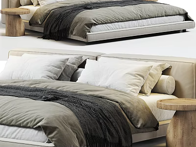 Modern Double Bed Interior With Gray White Bedding and Wooden Side Table 3d model