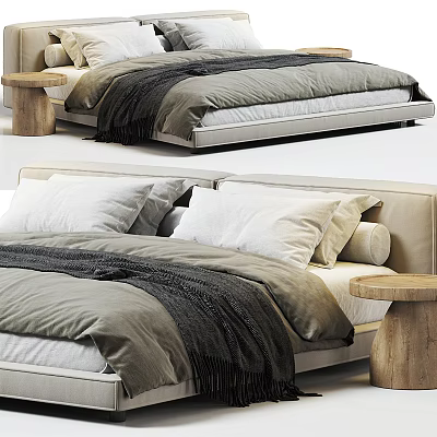 Modern Double Bed Interior With Gray White Bedding and Wooden Side Table 3d model