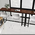 Elegant Bar Counter With Long Wooden Countertop White Chairs And Green Trees Outside Window