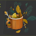 Cozy Beverage in Orange Mug with Lemon Slice Cinnamon Stick and Green and Yellow Leaves