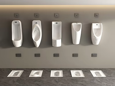 Sleek White Wall Mounted Urinals Neatly Arranged in Modern Bathroom Interior 3d model