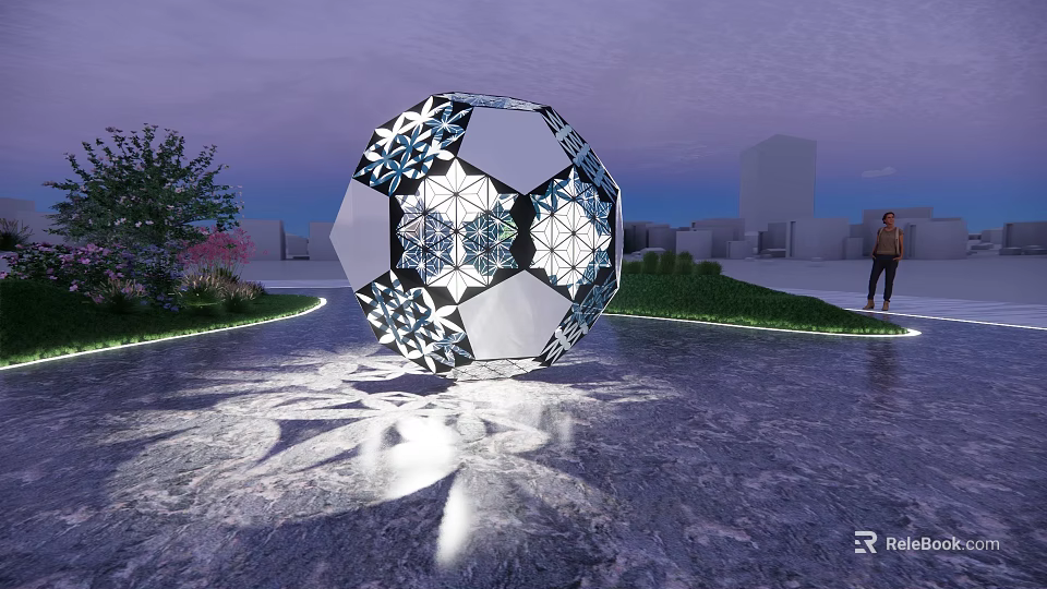 Spherical Garden Ornament With Geometric Pattern In Illuminated Outdoor Green Space And Urban Background 3d model 