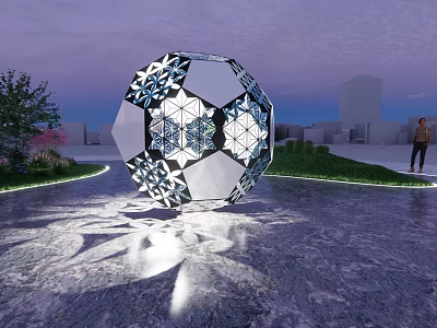 Spherical Garden Ornament With Geometric Pattern In Illuminated Outdoor Green Space And Urban Background 3d model