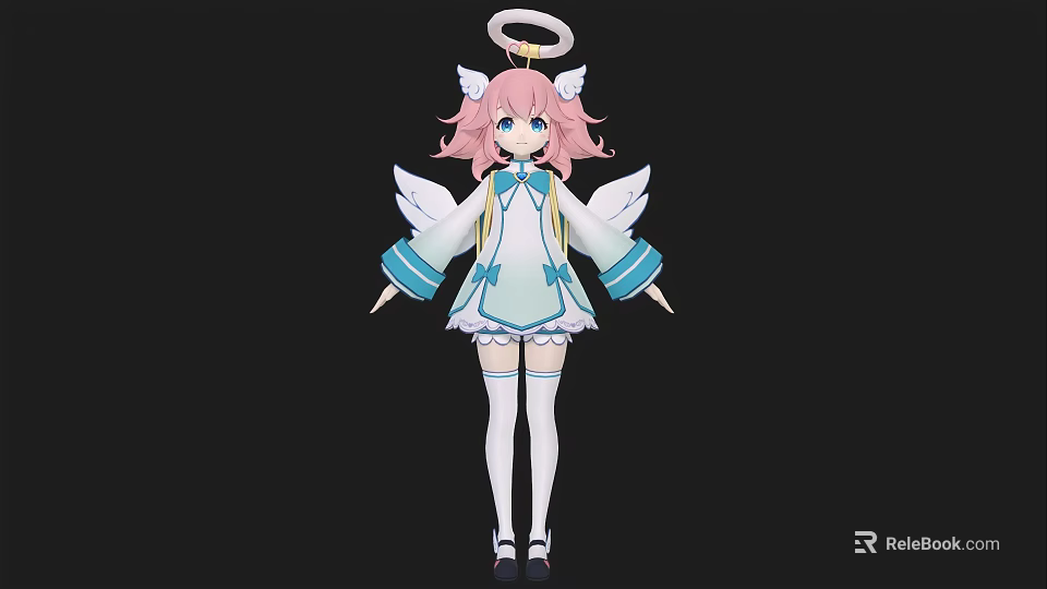Anime Style Angel Character Fantasy Creature With Pink Hair Halo And White Wings 3d model 