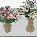 Woven Vases With Pink Roses And White Lilies On White Background