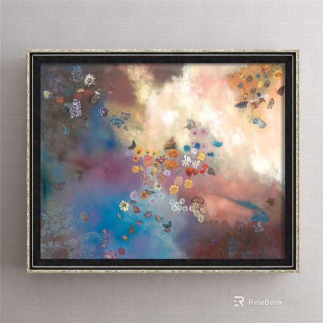 Vibrant Abstract Painting With Colorful Butterflies Flowers And Soft Dreamy Tones 3d model 