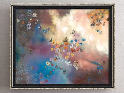 Vibrant Abstract Painting With Colorful Butterflies Flowers And Soft Dreamy Tones 3d model